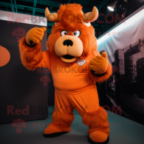 Orange Bison mascot costume character dressed with a Jumpsuit and Mittens