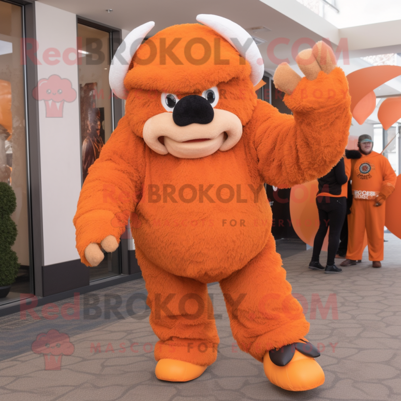 Orange Bison mascot costume character dressed with a Jumpsuit and Mittens Orange Bison mascot costume character dressed with a Jumpsuit and Mittens