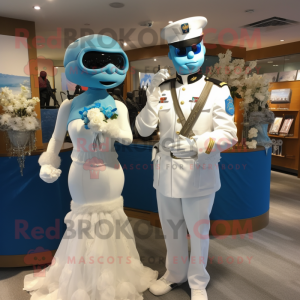 Sky Blue Marine Recon mascot costume character dressed with a Wedding Dress and Brooches