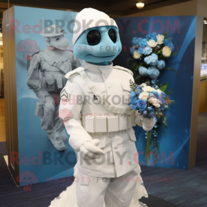 Sky Blue Marine Recon mascot costume character dressed with a Wedding Dress and Brooches