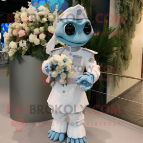 Sky Blue Marine Recon mascot costume character dressed with a Wedding Dress and Brooches