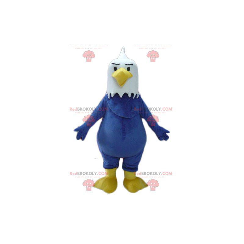 Giant and plump blue white and yellow eagle mascot -