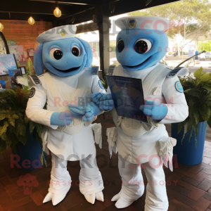 Sky Blue Marine Recon mascot costume character dressed with a Wedding Dress and Brooches