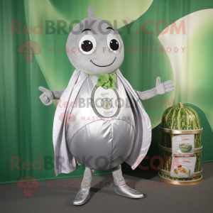 Silver Zucchini mascot costume character dressed with a Shorts and Coin purses