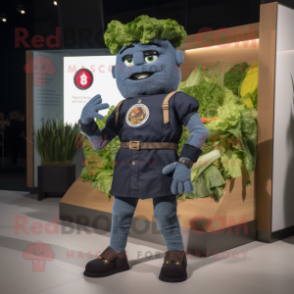 Black Caesar Salad mascot costume character dressed with a Denim Shorts and Smartwatches