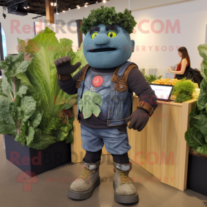 Black Caesar Salad mascot costume character dressed with a Denim Shorts and Smartwatches