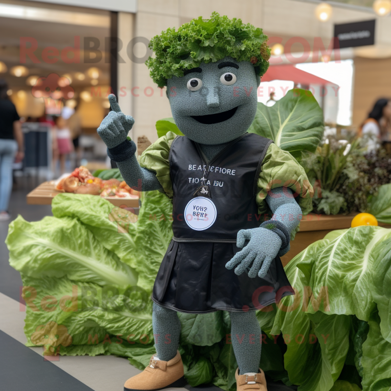 Black Caesar Salad mascot costume character dressed with a Denim Shorts and Smartwatches