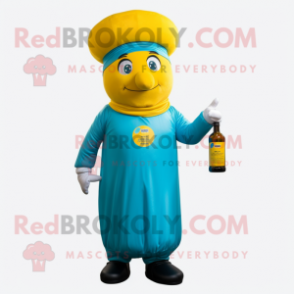 Cyan Bottle Of Mustard mascot costume character dressed with a Jumpsuit and Berets