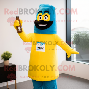 Cyan Bottle Of Mustard mascot costume character dressed with a Jumpsuit and Berets