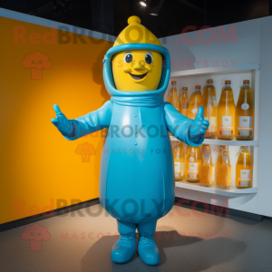 Cyan Bottle Of Mustard mascot costume character dressed with a Jumpsuit and Berets