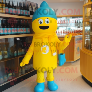 Cyan Bottle Of Mustard mascot costume character dressed with a Jumpsuit and Berets