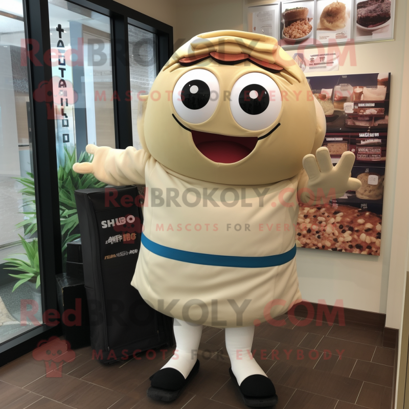 Beige Sushi mascot costume character dressed with a Polo Tee and Handbags Beige Sushi mascot costume character dressed with a Polo Tee and Handbags