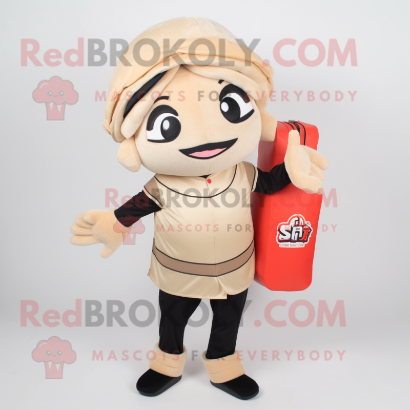 Beige Sushi mascot costume character dressed with a Polo Tee and Handbags