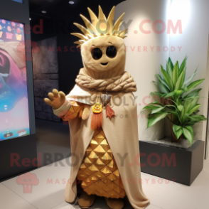 Tan Pineapple mascot costume character dressed with a Graphic Tee and Shawl pins