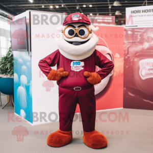 Maroon Horseshoe mascot costume character dressed with a Romper and Reading glasses