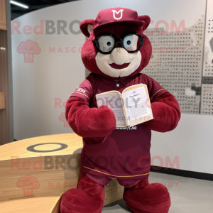 Maroon Horseshoe mascot costume character dressed with a Romper and Reading glasses