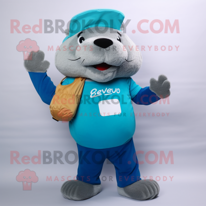 Cyan Beaver mascot costume character dressed with a Sweater and Berets