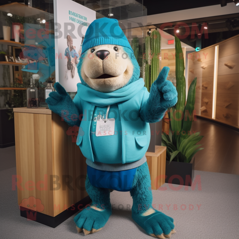 Cyan Beaver mascot costume character dressed with a Sweater and Berets