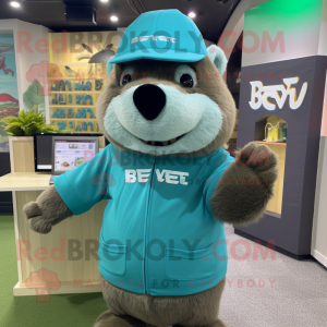 Cyan Beaver mascot costume character dressed with a Sweater and Berets