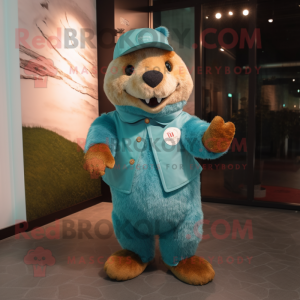 Cyan Beaver mascot costume character dressed with a Sweater and Berets