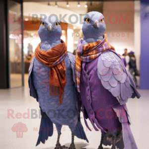 Purple Passenger Pigeon mascot costume character dressed with a Boyfriend Jeans and Shawls