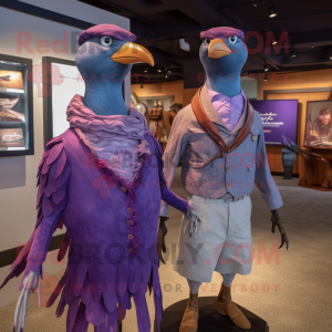 Purple Passenger Pigeon mascot costume character dressed with a Boyfriend Jeans and Shawls