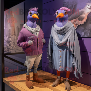 Purple Passenger Pigeon mascot costume character dressed with a Boyfriend Jeans and Shawls