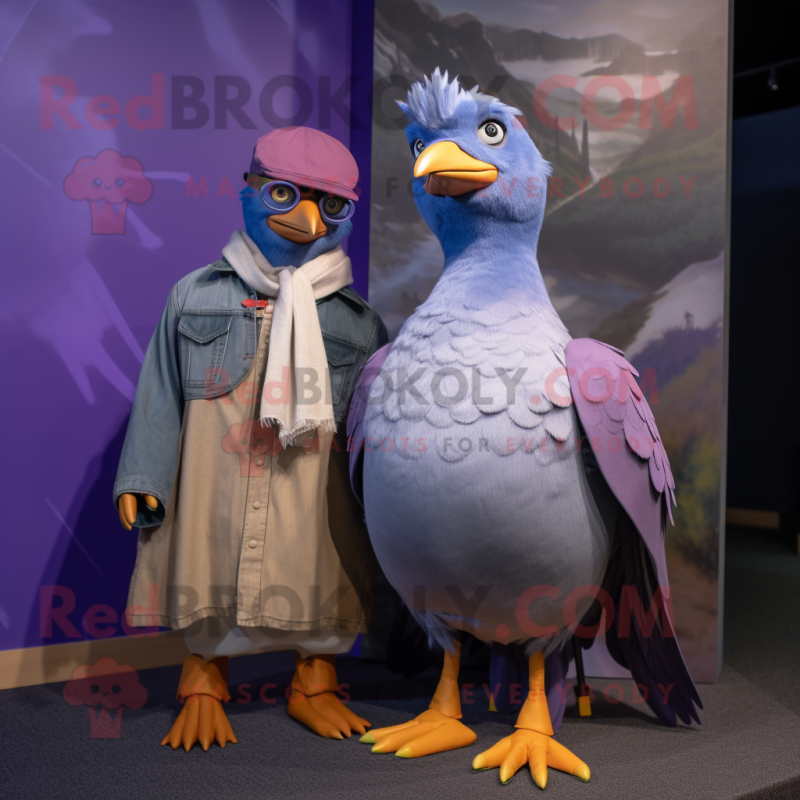 Purple Passenger Pigeon mascot costume character dressed with a Boyfriend Jeans and Shawls