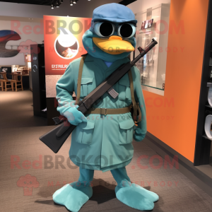 Teal Sniper mascot costume character dressed with a Dress Pants and Necklaces