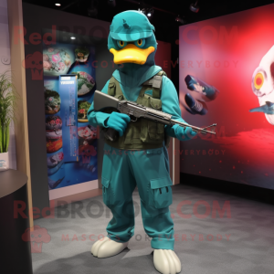Teal Sniper mascot costume character dressed with a Dress Pants and Necklaces