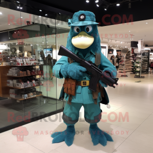 Teal Sniper mascot costume character dressed with a Dress Pants and Necklaces