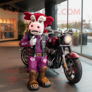 Magenta Hereford Cow mascot costume character dressed with a Biker Jacket and Watches