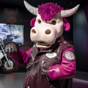 Magenta Hereford Cow mascot costume character dressed with a Biker Jacket and Watches