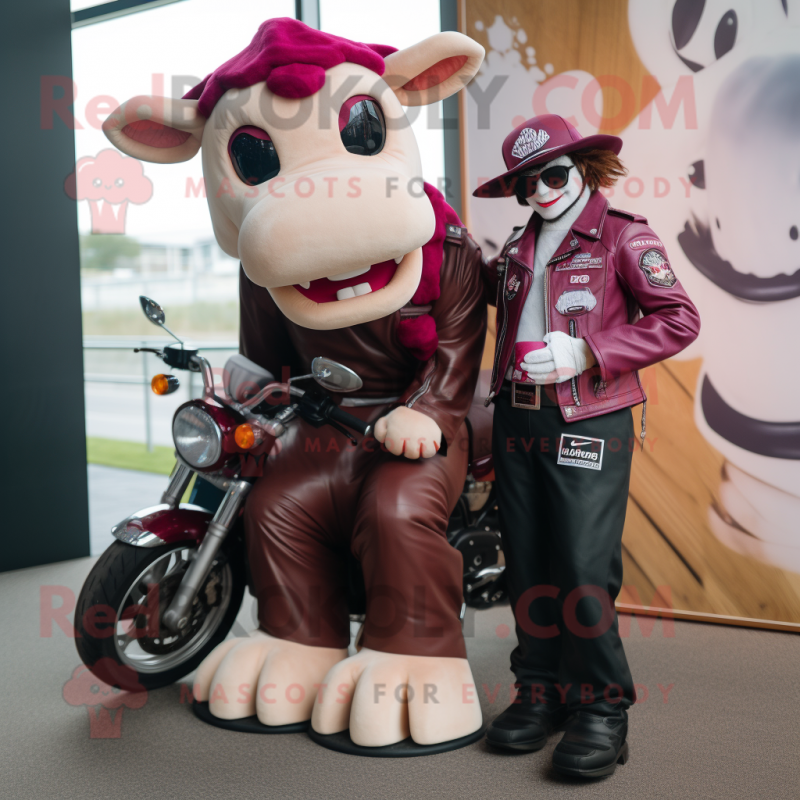 Magenta Hereford Cow mascot costume character dressed with a Biker Jacket and Watches