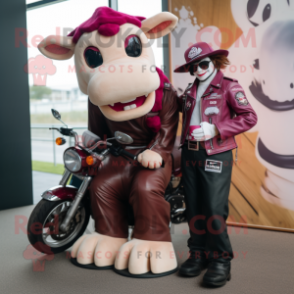 Magenta Hereford Cow mascot costume character dressed with a Biker Jacket and Watches