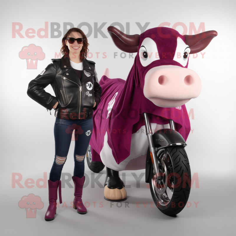 Magenta Hereford Cow mascot costume character dressed with a Biker Jacket and Watches