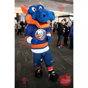 Mascota dragón gigante azul y naranja en ropa deportiva -
