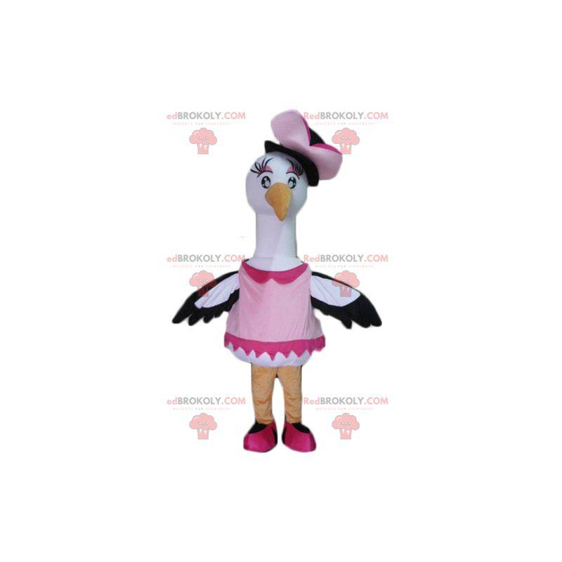 Grande mascote cisne-cegonha-pássaro preto e branco -