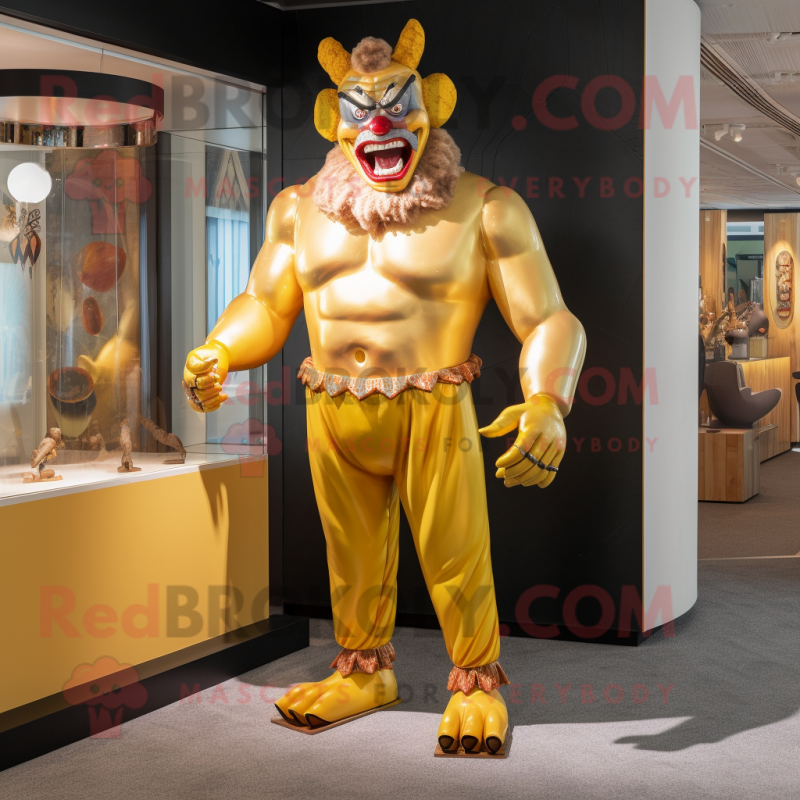 Gold Evil Clown mascot costume character dressed with a Swimwear and Cufflinks Gold Evil Clown mascot costume character dressed with a Swimwear and Cufflinks