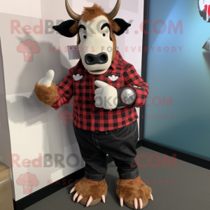 Black Guernsey Cow mascot costume character dressed with a Flannel Shirt and Digital watches