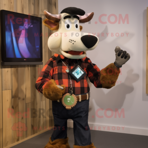 Black Guernsey Cow mascot costume character dressed with a Flannel Shirt and Digital watches