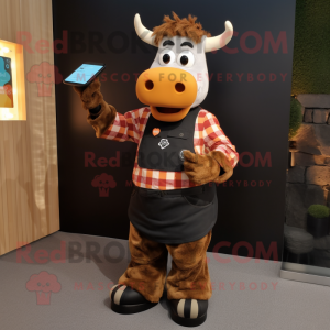 Black Guernsey Cow mascot costume character dressed with a Flannel Shirt and Digital watches