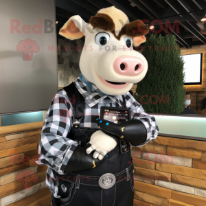 Black Guernsey Cow mascot costume character dressed with a Flannel Shirt and Digital watches