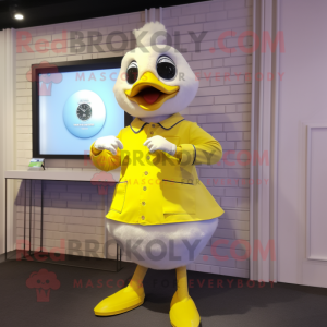 Lemon Yellow Swan mascot costume character dressed with a Henley Shirt and Bracelet watches