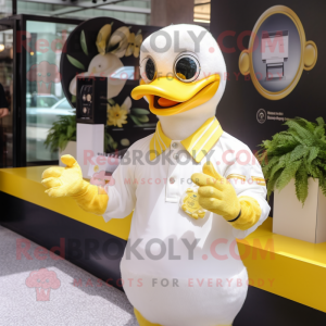 Lemon Yellow Swan mascot costume character dressed with a Henley Shirt and Bracelet watches