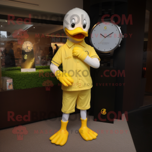 Lemon Yellow Swan mascot costume character dressed with a Henley Shirt and Bracelet watches