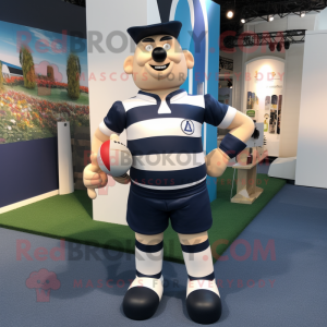 Navy Acrobat mascot costume character dressed with a Rugby Shirt and Wraps