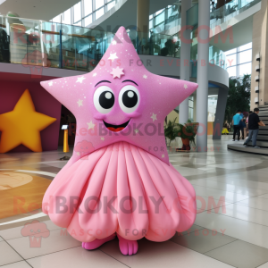 Pink Starfish mascot costume character dressed with a Ball Gown and Brooches