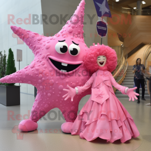 Pink Starfish mascot costume character dressed with a Ball Gown and Brooches