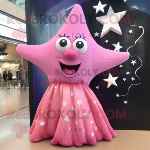 Pink Starfish mascot costume character dressed with a Ball Gown and Brooches